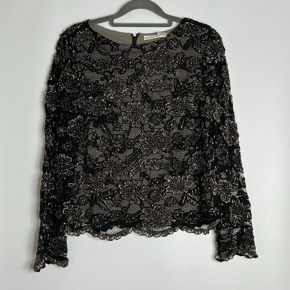 Alice & Olivia Fully Beaded Embellished Fishnet‎ Knit Blouse Fully Lined Black 4